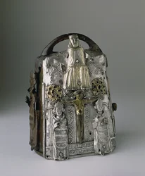 Guthrie Bell Shrine, bearing representations of God and the Crucifixion, an inscription in Latin, kept at Guthrie Castle, Forfarshire